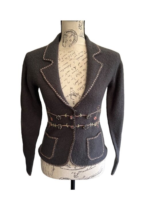 Luicidity Jackets & Blazers - Lucidity Wool Blazer Grey Floral Embroidered Snap Button Pockets Boho Fairy S